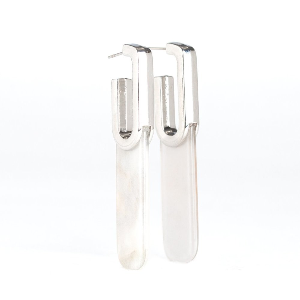 NWT HAUTE Off the Press silver and white acrylic post back hoop earrings